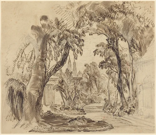 A Tree-lined Garden Path (Preliminary Sketch for "Sleeping Beauty and the Beast"?) by Robert Caney, drawing, 1900
