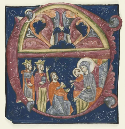Historiated Initial (E) Excised from a Gradual: Adoration of the Magi by Unknown, manuscript, 1200-1240