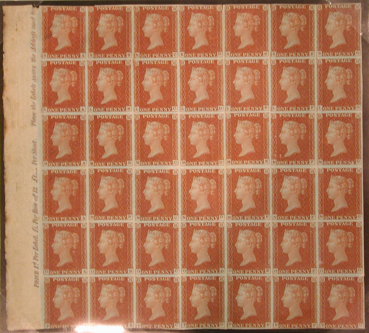 Unused block of forty-two "Penny Red-Brown" postage stamps of Queen Victoria by William Wyon, other, 1841