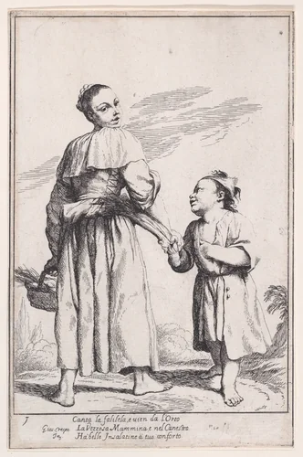 Plate 15: Menghina leaving the garden with a basket filled with herbs and encountering Cacasenno, from "Bertoldo, Bertoldino, and Cacasenno" by Giuseppe Maria Crespi, print, 1705-1715