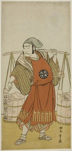 The Actor Nakamura Nakazo I as Nagasaki Kageyuzaemon Disguised as Gorohachi the Sake Seller, in the Play Hikitsurete Yagoe Taiheiki, Performed at the Morita Theater in the Eleventh Month, 1776 by Katsukawa Shunsho (勝川 春章), print, 1771-1781