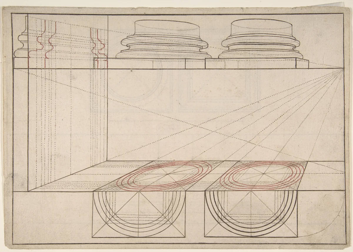 Architectural Perspective Study Showing Two Column Bases (recto); Architectural Perspective Study Showing Column Capital and a Measurement Key (verso) by anonymous, drawing, 1600-1699