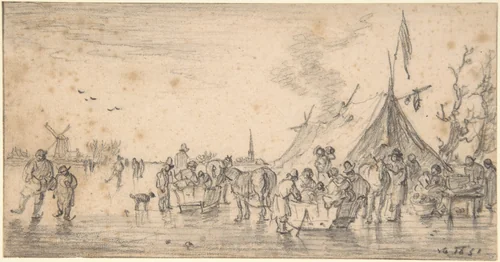 River Landscape in Winter with Figures Skating and Sleds by Jan van Goyen, drawing, 1651