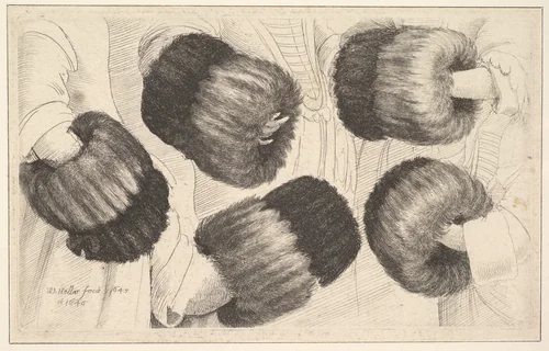 A Muff in Five Views by Wenceslaus Hollar, print, 1645-1646