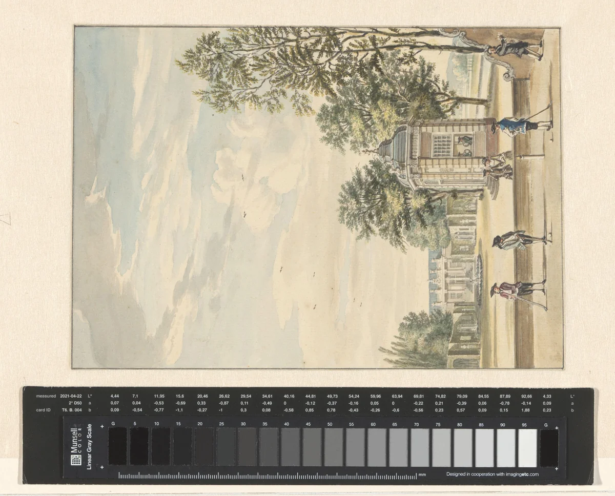 Gezicht op een buitenplaats met vier kolfspelers by anonymous, drawing, 1706-1800