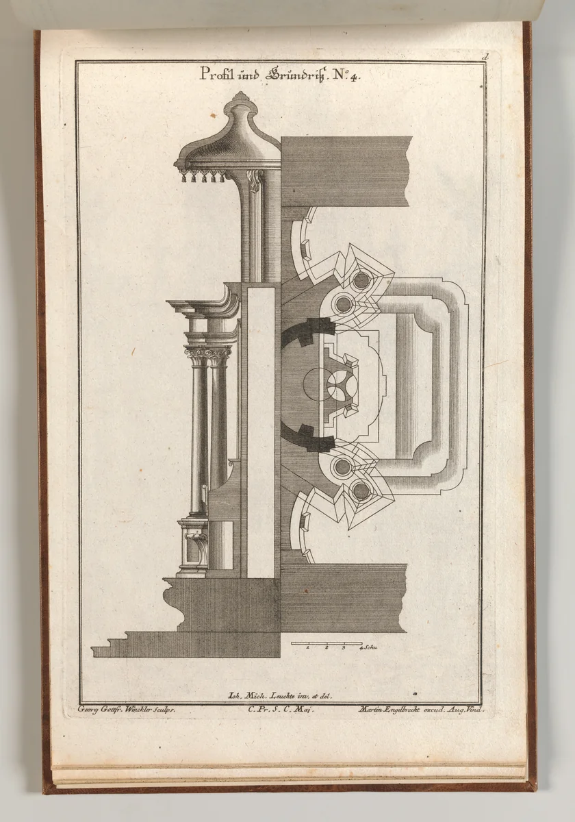 Floorplan and Side View of an Altar, Plate d (2) from 'Unterschiedliche Neu Inventierte Altäre mit darzu gehörigen Profillen u. Grundrißen.' by Georg Gottfried Winckler, book, 1745-1755