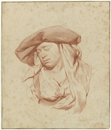 Study of a Woman, Bust Length, Facing Slightly Left and Looking Down by Cornelis Pietersz. Bega, drawing, 1661-1664