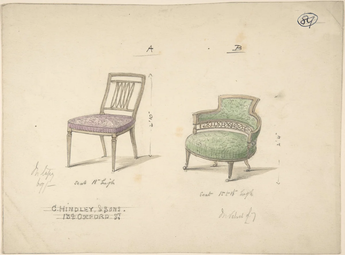 Designs for Two Chairs by Charles Hindley and Sons, drawing, 1841-1884