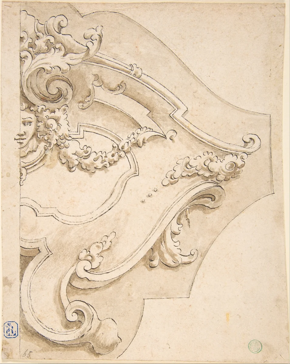 Design for Half Cartouche with Mask by Fortunato Tesi, drawing, 1700-1799