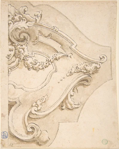 Design for Half Cartouche with Mask by Fortunato Tesi, drawing, 1700-1799