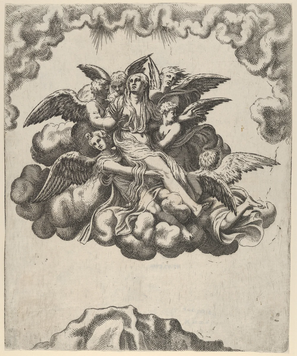 Mary Magdalene Carried to Heaven by Léon Davent, print, 1540-1556