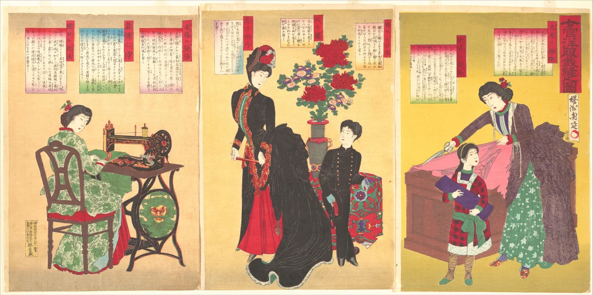 Court Ladies Sewing Western Clothing (Jokan yōfuku saihō no zu) by Yōshū Chikanobu (楊洲周延), print, 1887