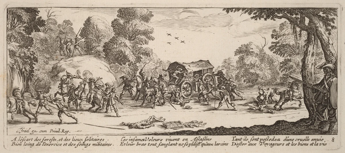 Attack on a Coach by Gerrit van Schagen; Jacques Callot, print, 1637-1647