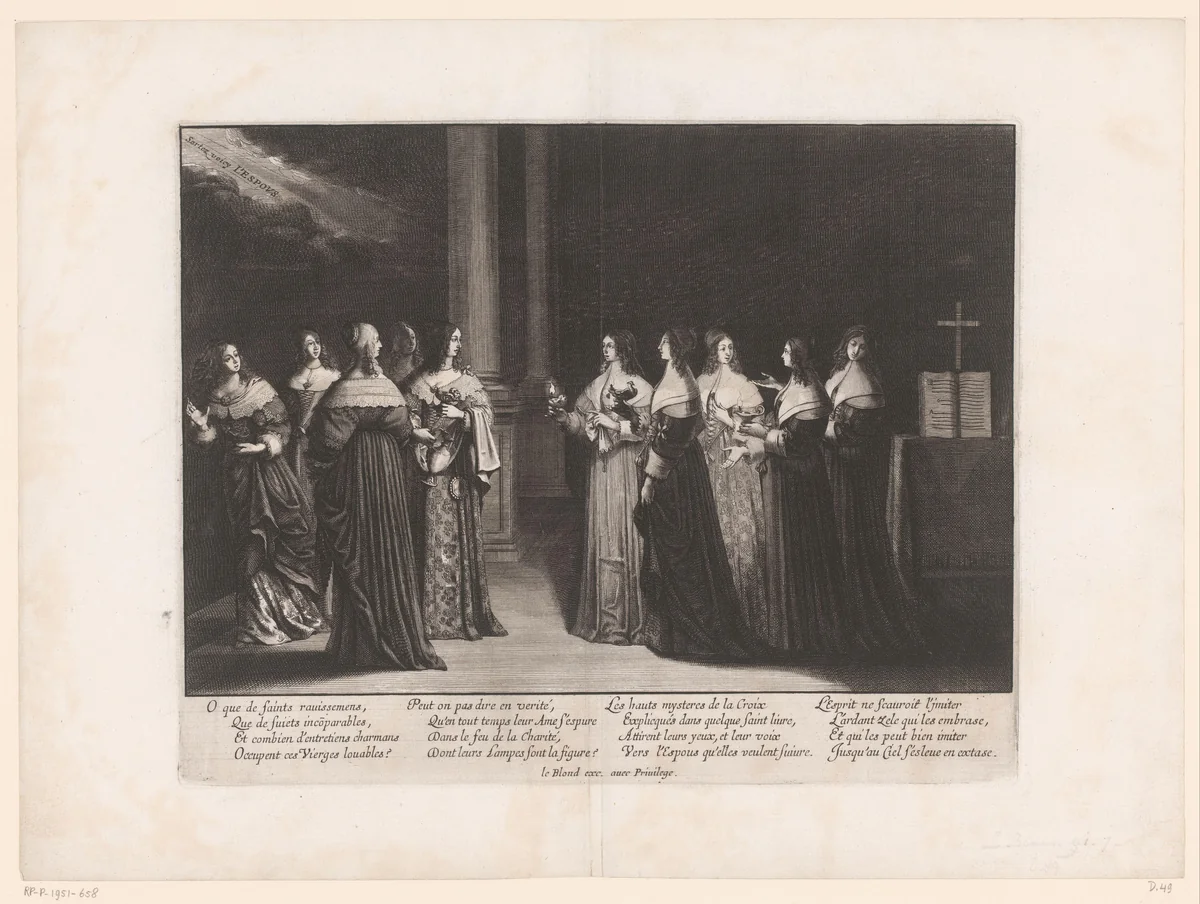 Wijze en dwaze maagden wachten op de bruidegom die wordt aangekondigd by Abraham Bosse, print, 1638-1640