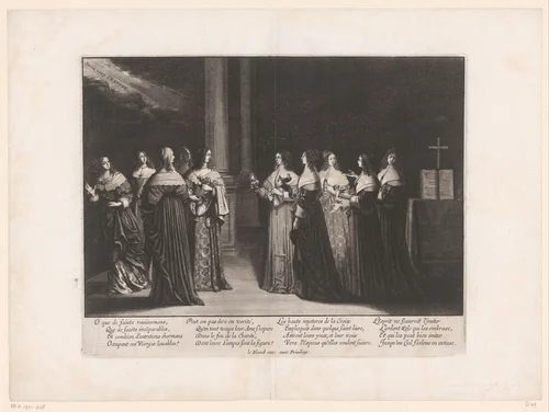 Wijze en dwaze maagden wachten op de bruidegom die wordt aangekondigd by Abraham Bosse, print, 1638-1640