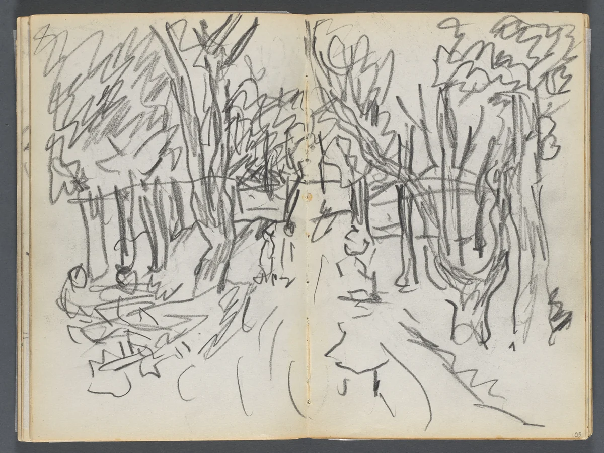 Sketchbook, The Dells, N° 127, page 104 & 105: Landscape by Maurice Prendergast, book, 1919-1921