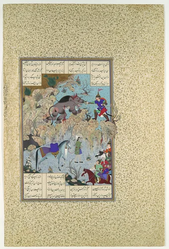 "Bahram Chubina Slays the Lion-Ape", Folio 715v from the Shahnama (Book of Kings) of Shah Tahmasp by Abu'l Qasim Firdausi, manuscript, 1505-1560