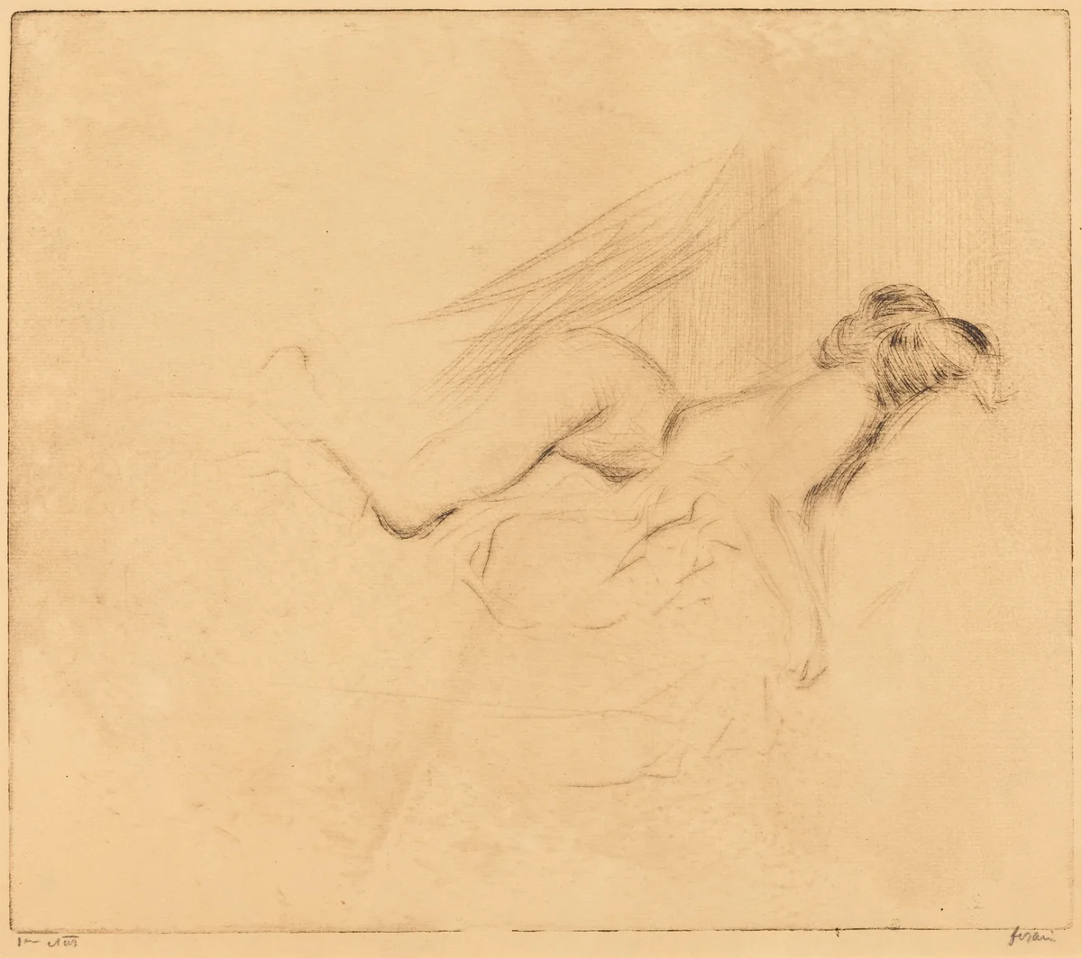 Croquis de femme nue, la tête contre l'oreiller (1ère plance) (Sketch of a Nude Woman, Her Head Against a Pillow) (1st plate) by Jean-Louis Forain, print, 1904-1914
