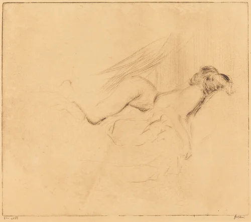 Croquis de femme nue, la tête contre l'oreiller (1ère plance) (Sketch of a Nude Woman, Her Head Against a Pillow) (1st plate) by Jean-Louis Forain, print, 1904-1914