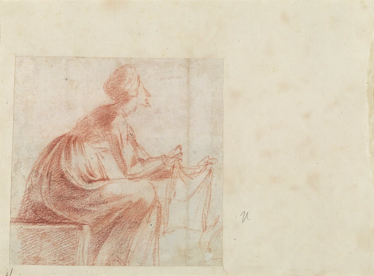 Woman Seated with a Piece of Cloth [verso] by Polidoro da Caravaggio, drawing, 1521-1522
