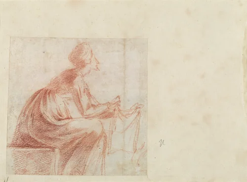 Woman Seated with a Piece of Cloth [verso] by Polidoro da Caravaggio, drawing, 1521-1522