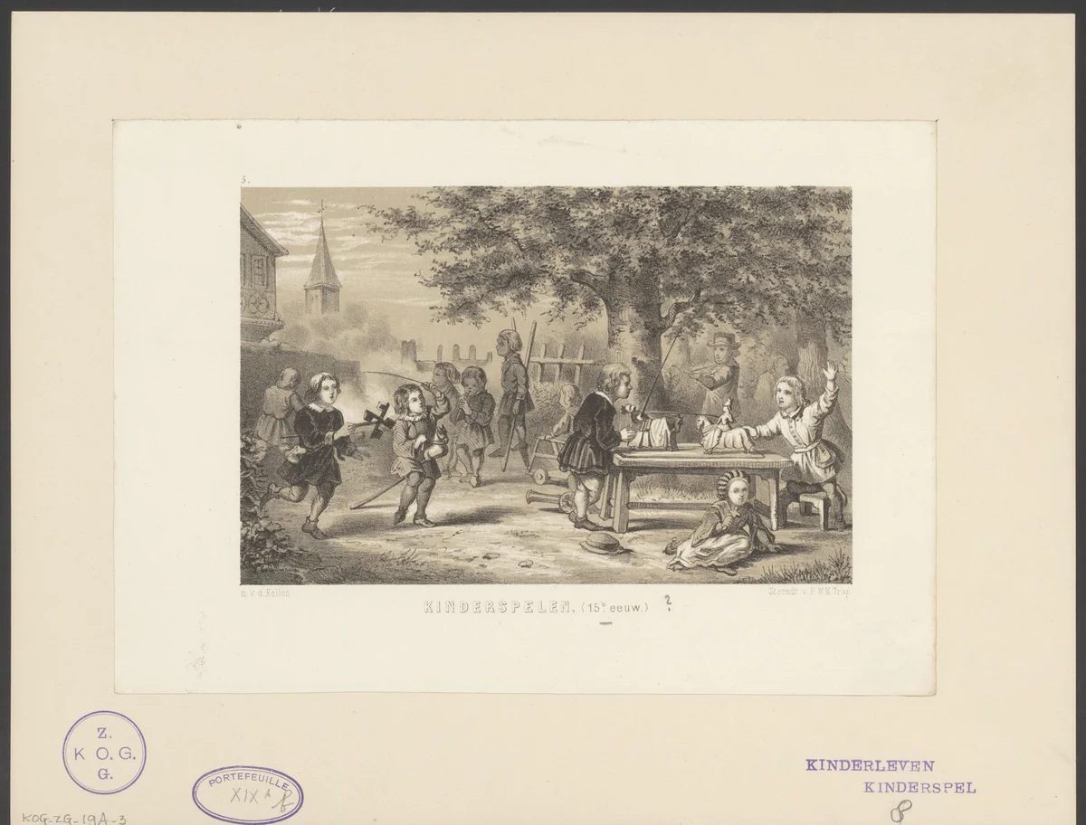 Spelende kinderen by anonymous, print, 1875