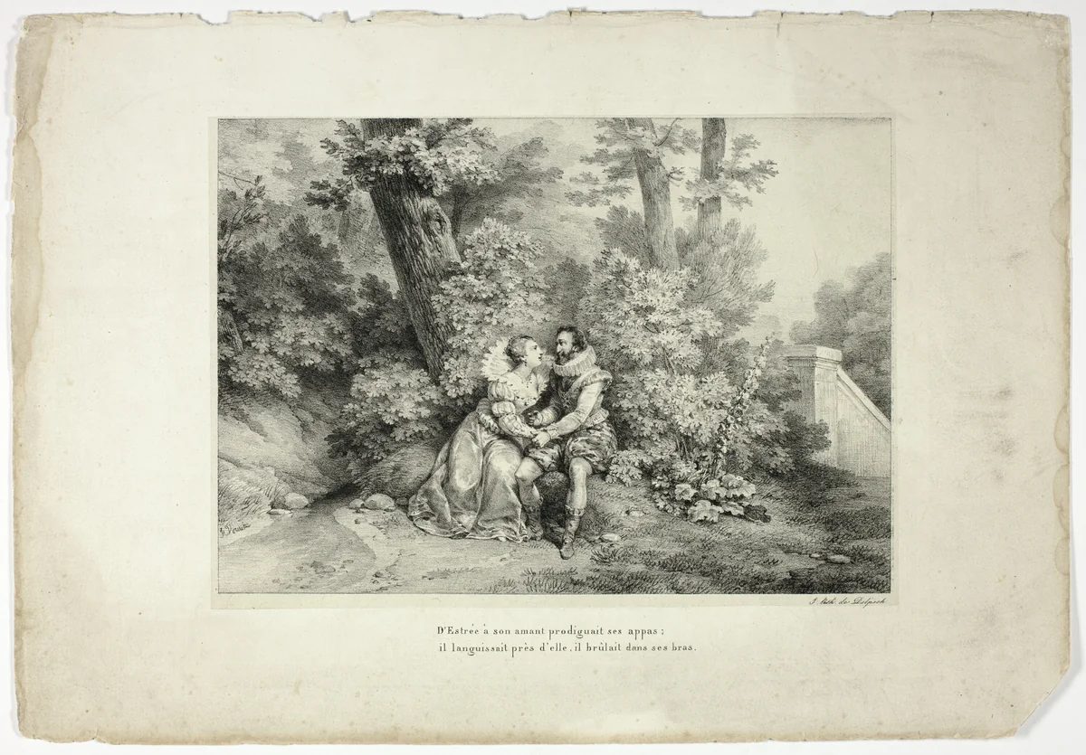 D'Estrée à son amant prodiguait ses appas... by Horace Vernet, print, 1825