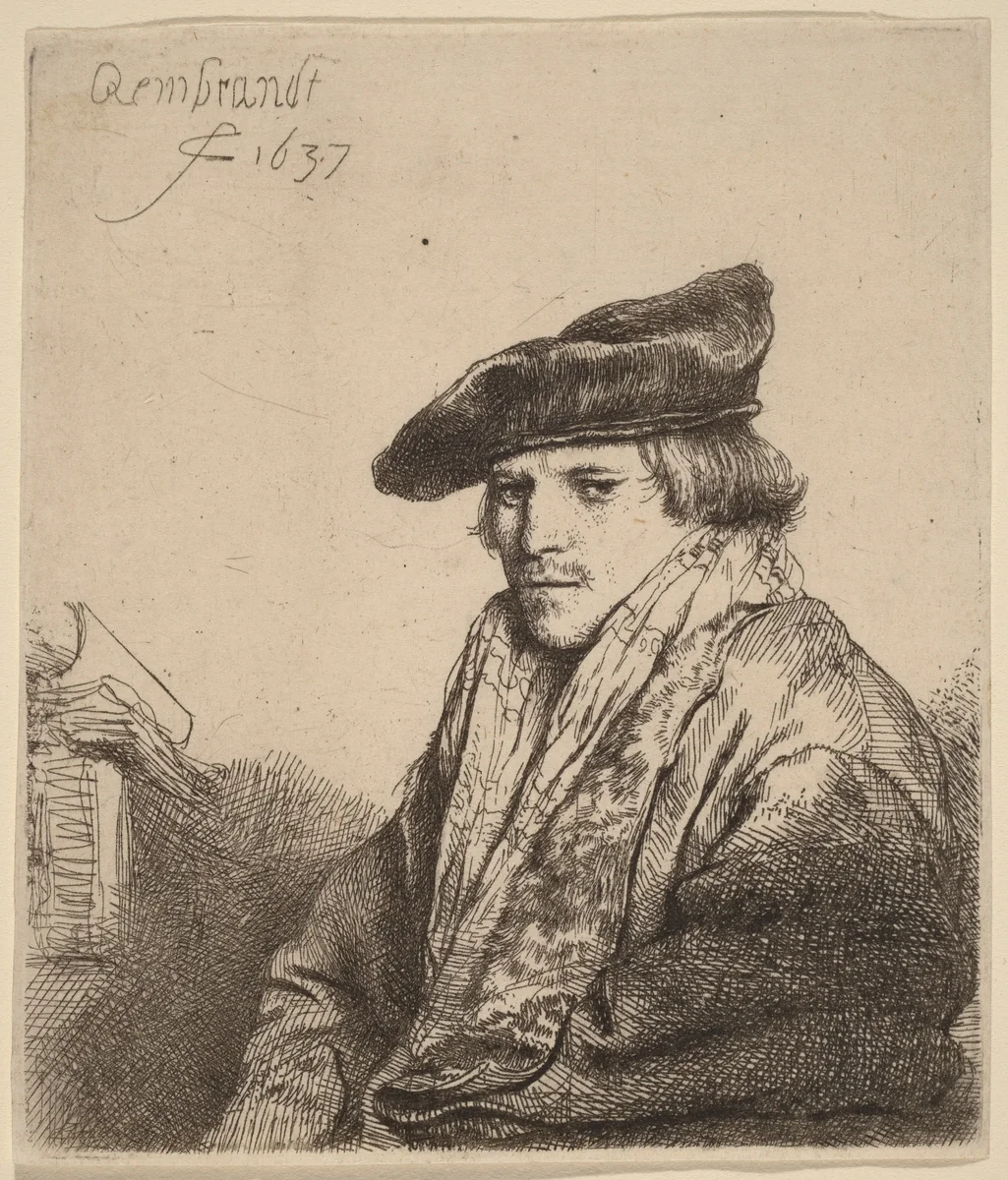 Young Man in a Velvet Cap (Petrus Sylvius?) by Rembrandt van Rijn, print, 1637