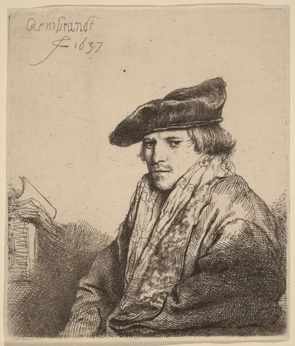 Young Man in a Velvet Cap (Petrus Sylvius?) by Rembrandt van Rijn, print, 1637