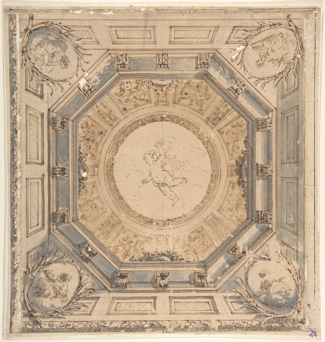 Design for a Square Trompe L'Oeil Ceiling with the Four Evangelists by anonymous, drawing, 1700-1800