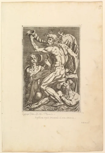 Neptune Seated Blowing a Conch Shell by anonymous, print, 1500-1599