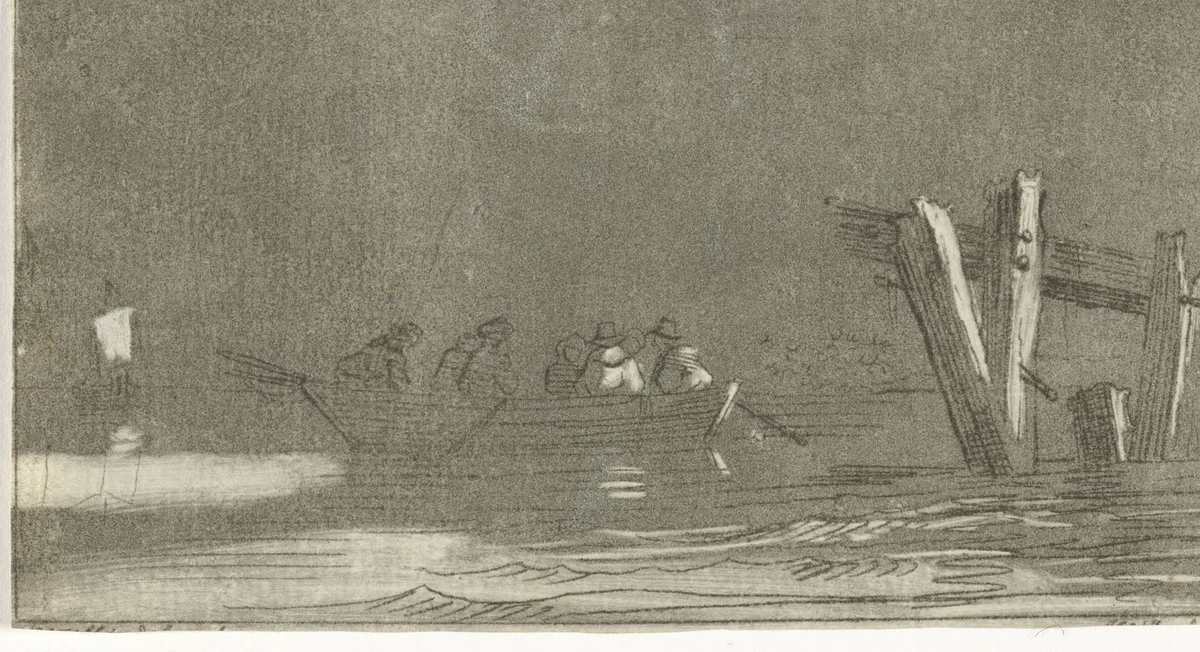 Roeiboot met figuren op een rivier by Jan Izaak van Mansvelt, print, 1771-1802