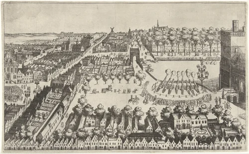 Vreugdevuren te Den Haag na de afkondiging van het bestand, 1609 by Simon Frisius, print, 1609