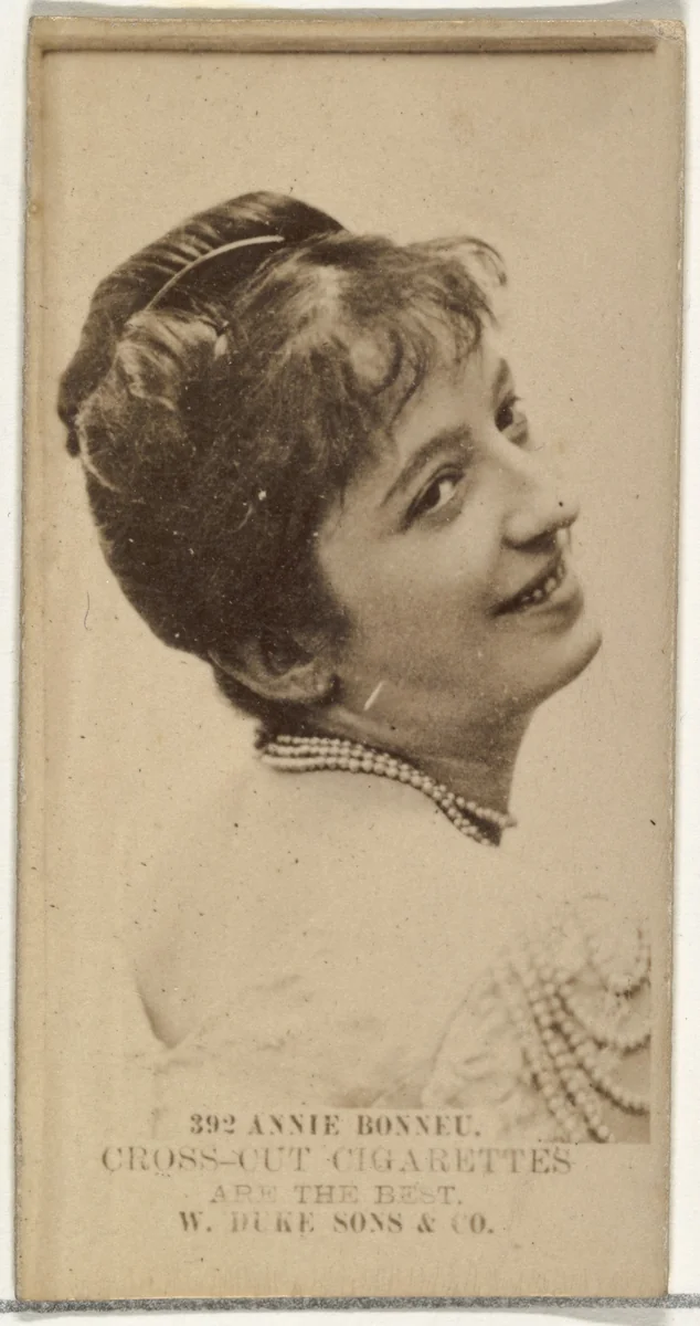 Card Number 392, Annie Bonneu, from the Actors and Actresses series (N145-3) issued by Duke Sons & Co. to promote Cross Cut Cigarettes by W. Duke, Sons & Co., photograph, 1880-1889