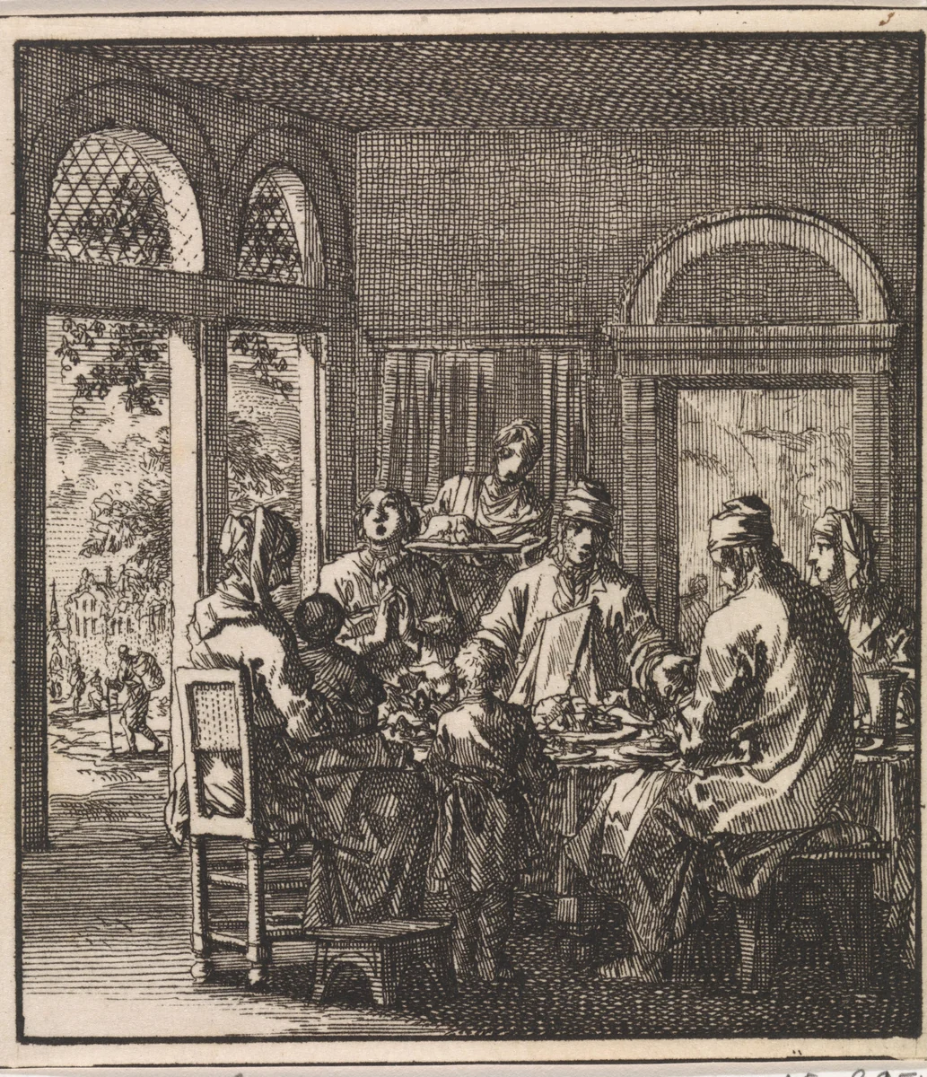 In een vertrek zit een familie te tafelen by Jan Luyken, print, 1711