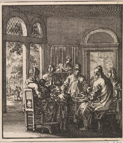 In een vertrek zit een familie te tafelen by Jan Luyken, print, 1711