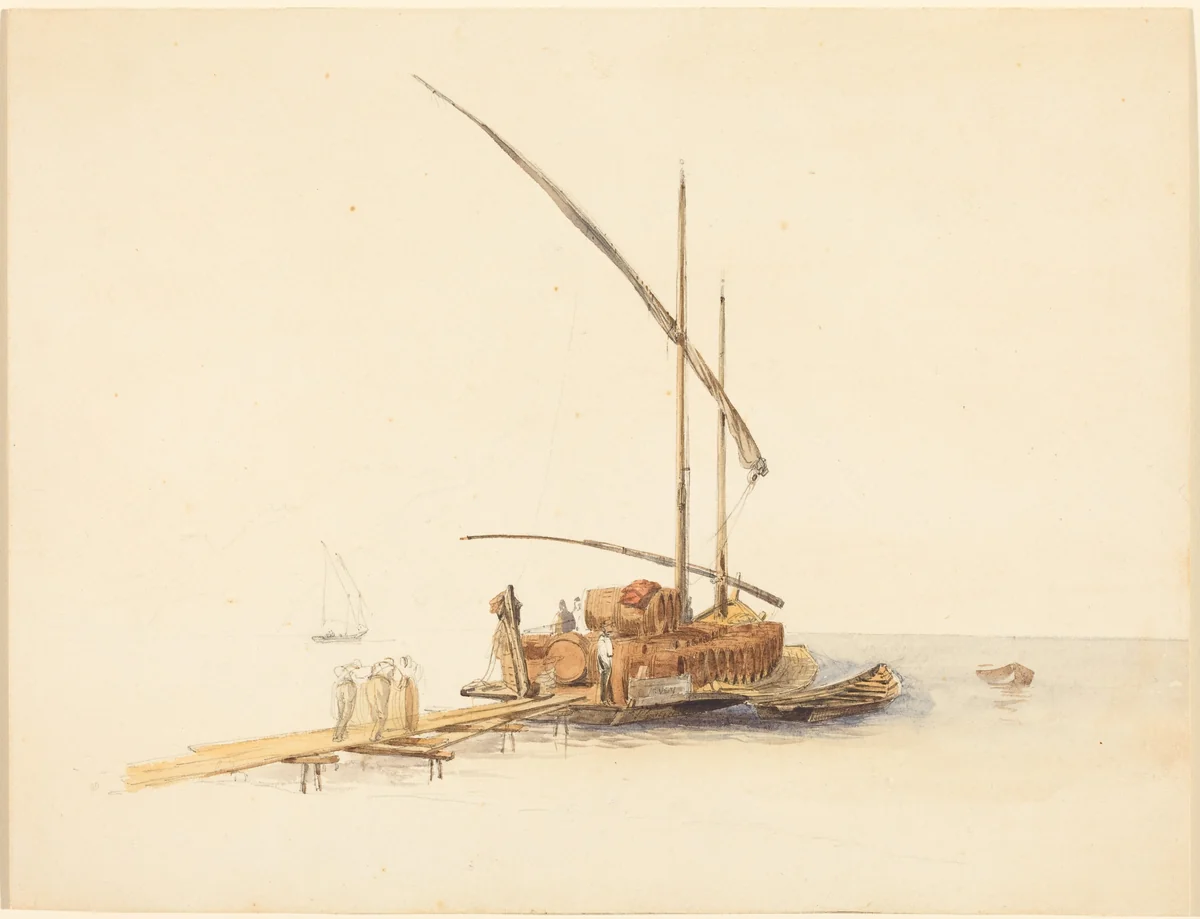 Wine Barrels Loaded onto a Sailing Barge at Vevey by Johann Jakob Ulrich, drawing, 1845-1855