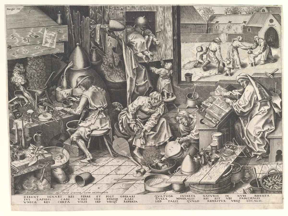 The Alchemist by Pieter Bruegel, print, 1558
