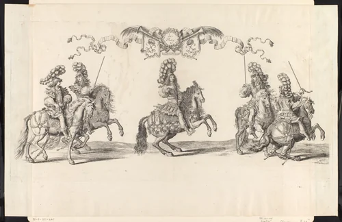 Koning Lodewijk XIV te paard met twee ruiters aan weerszijden in Romeins kostuum by François Chauveau, print, 1670