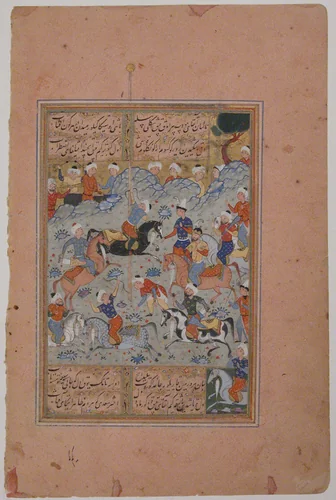 "A Contest of Skill in Archery on Horseback", Folio from a Divan (Collected Works) of Mir 'Ali Shir Nava'i by Ali Shir Nava'i, manuscript, 1555-1605