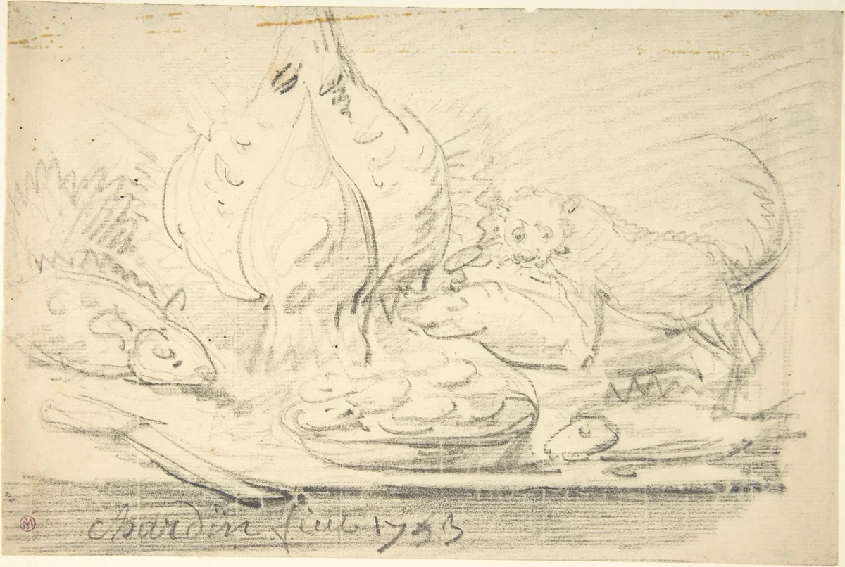 Cat Surveying Fish and Fowl on a Table by Jean-Siméon Chardin, drawing, 1753