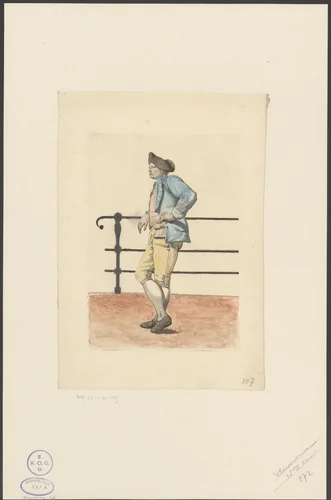 Staande man leunt tegen een hek by anonymous, print, 1800-1899