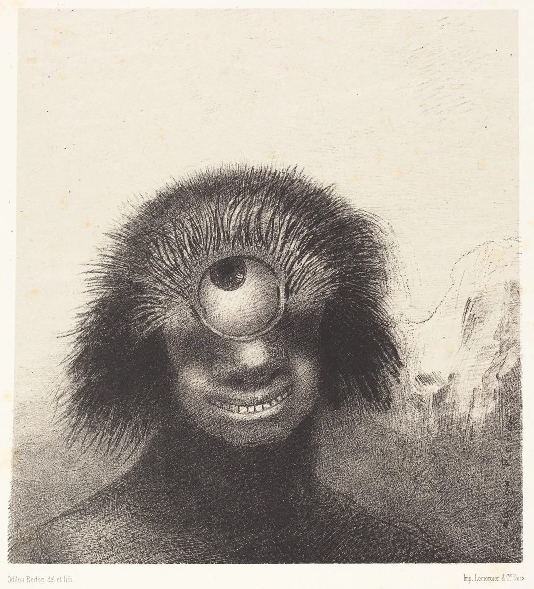 Le Polype difforme flottait sur les rivages, sorte de cyclope souriant et hideux (The deformed polyp floated on the shores, a sort of smiling and hideous Cyclops) by Odilon Redon, print, 1883