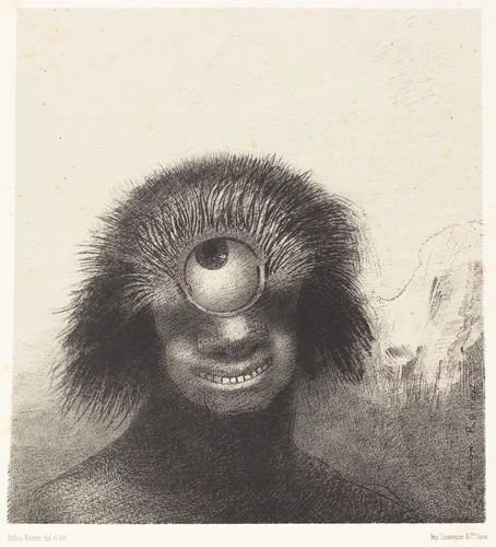 Le Polype difforme flottait sur les rivages, sorte de cyclope souriant et hideux (The deformed polyp floated on the shores, a sort of smiling and hideous Cyclops) by Odilon Redon, print, 1883