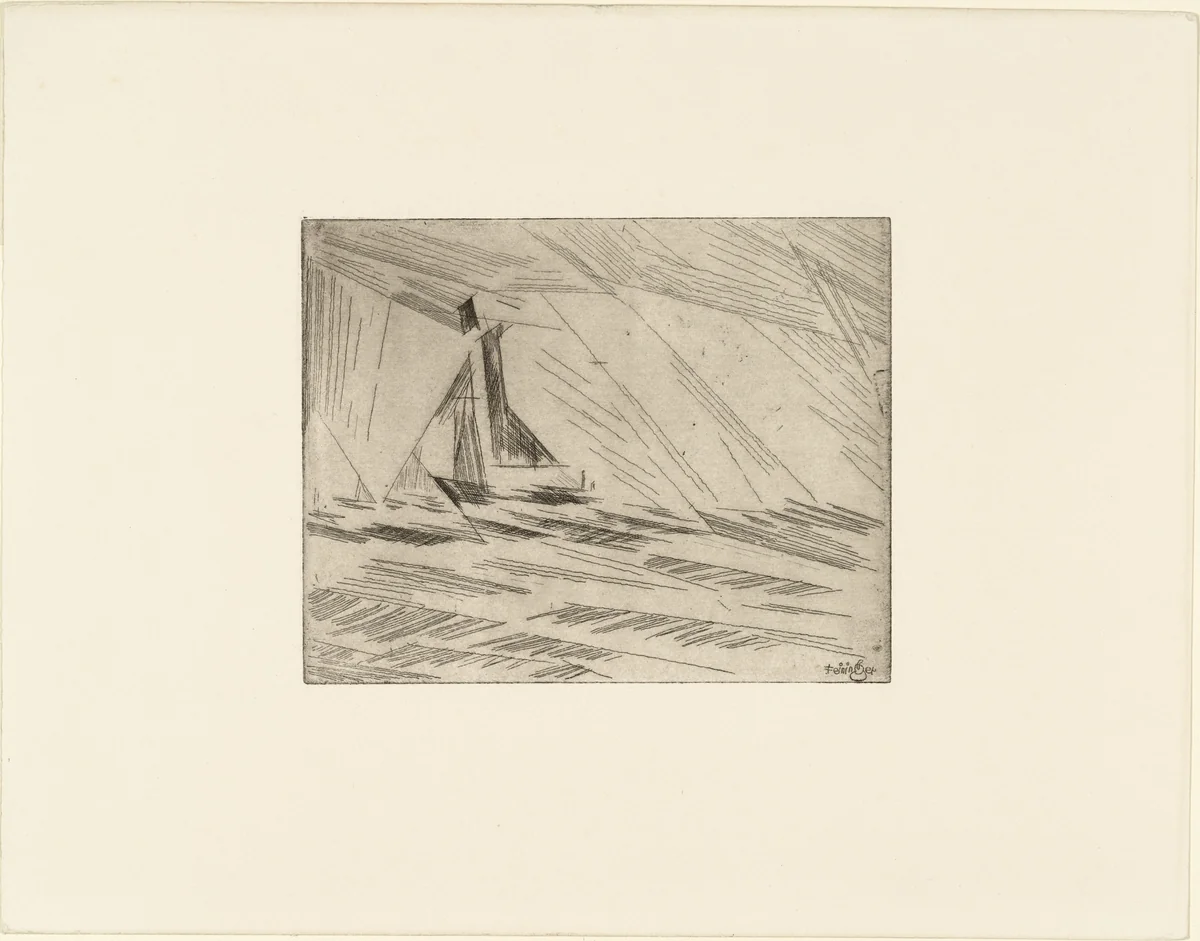 Fishing Boat in the Rain (Fischerboot im Regen) (plate, loose leaf) from the periodical Das Kunstblatt, vol. 1, no. 3 (Mar 1917) by Lyonel Feininger, print, 1917