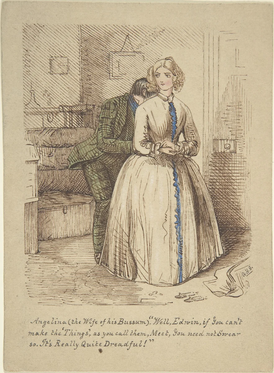 Design for "Hooking and Eyeing," a wood engraving published in "Punch" (recto); Sketch of two women and a man (verso) by John Leech, drawing, 1851