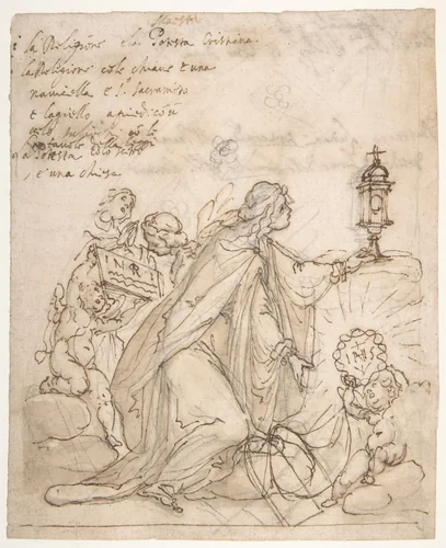 Religion Kneeling before a Monstrance, Attended by Putti by Ludovico Cardi, drawing, 1559-1613