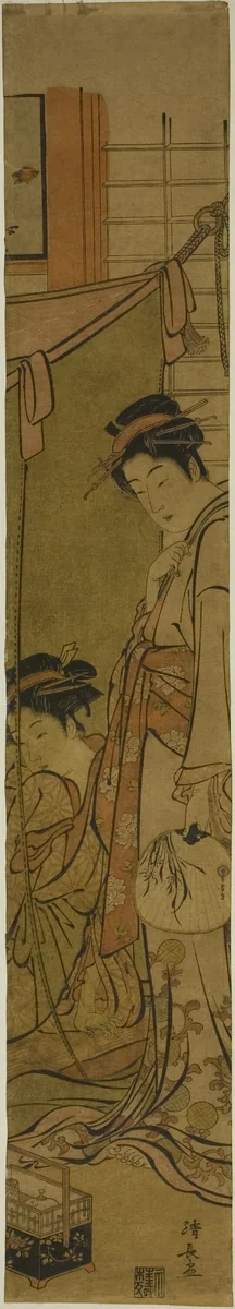 Courtesans Conversing through a Mosquito Net by Torii Kiyonaga (鳥居清長), print, 1777-1787