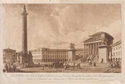 Grand Théâtre des Arts ou Temple d'Apollon, avec une Colonne Triomphâle au milieu de la Place principale, erigée au Commerce, aux Sciences, aux Arts & aux Vertus républicaines (Grand Theater of the Arts or Temple of Apollo, with a Victory Column in the Middle of the Main Square, Erected to Commerce, the Sciences, the Arts, and Republican Virtues) by François Joseph Bélanger, print, 1795