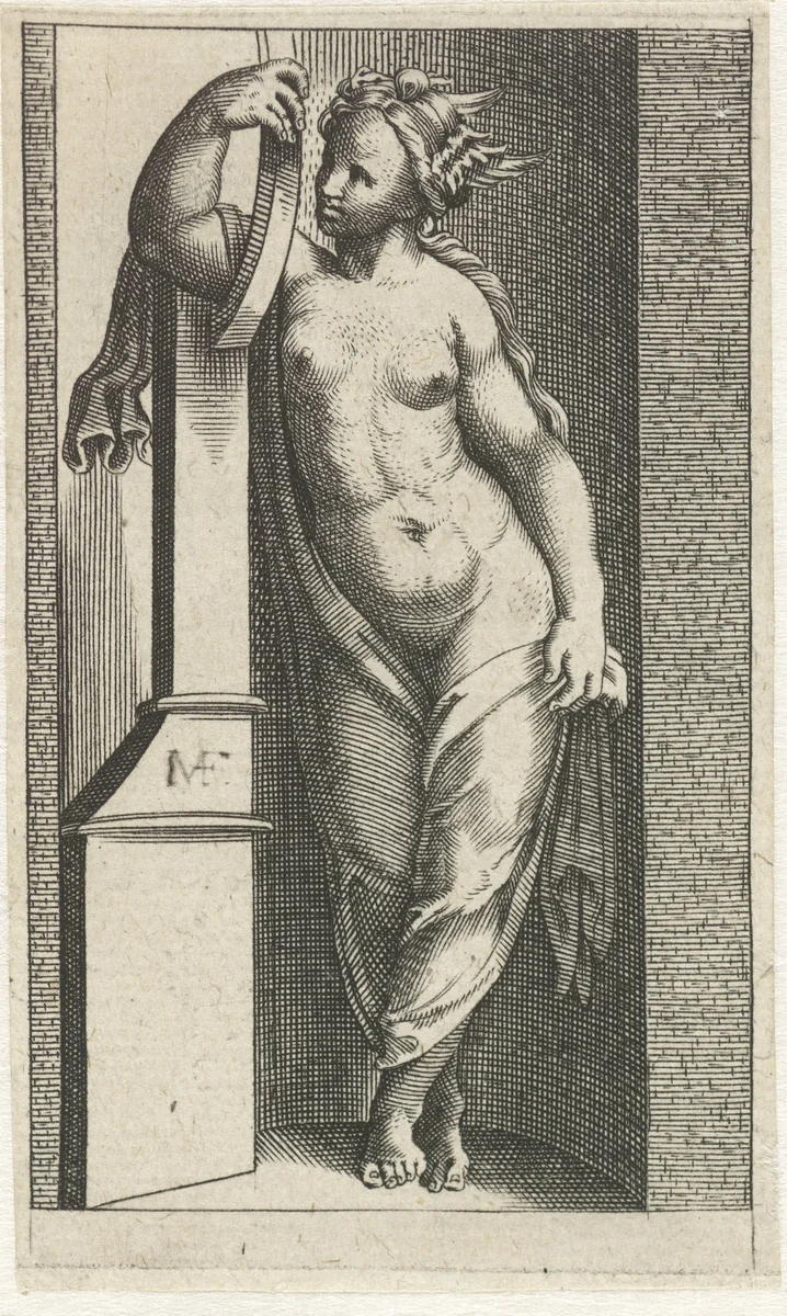 Vrouw met gevleugelde helm leunend op snaarinstrument by anonymous, print, 1510-1575